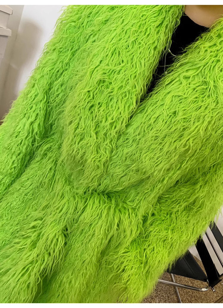 Furry faux fur pink/ green trench coat, rave punk goth cozy plur top party clubwear unique designer outdoors kpop style duster