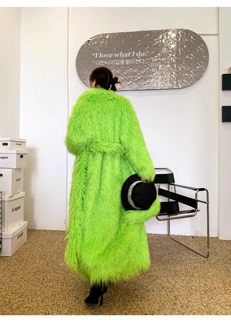 Furry faux fur pink/ green trench coat, rave punk goth cozy plur top party clubwear unique designer outdoors kpop style duster