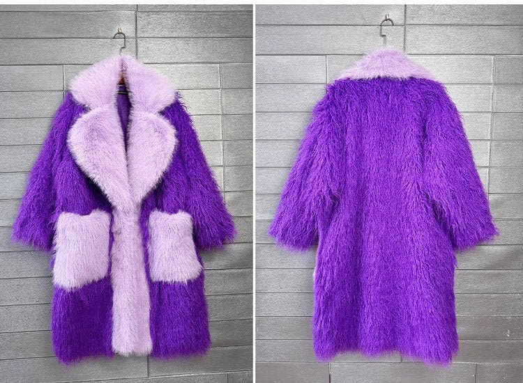 Furry faux fur purple coat with big collar color, rave punk goth cozy plur top party clubwear unique designer kpop style trench coat