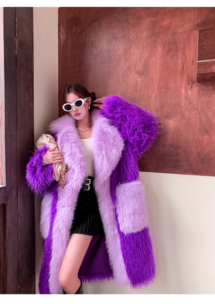 Furry faux fur purple coat with big collar color, rave punk goth cozy plur top party clubwear unique designer kpop style trench coat