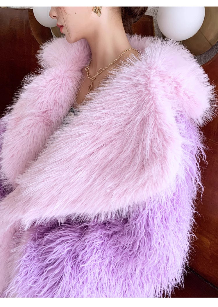 Furry faux fur purple coat with big collar color, rave punk goth cozy plur top party clubwear unique designer kpop style trench coat