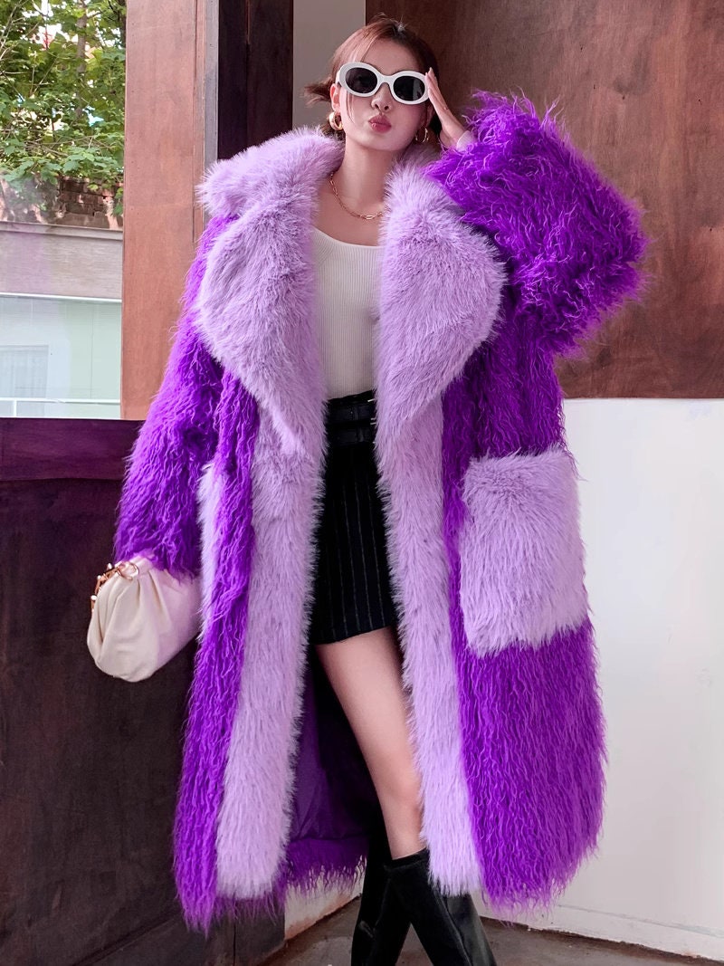 Furry faux fur purple coat with big collar color, rave punk goth cozy plur top party clubwear unique designer kpop style trench coat