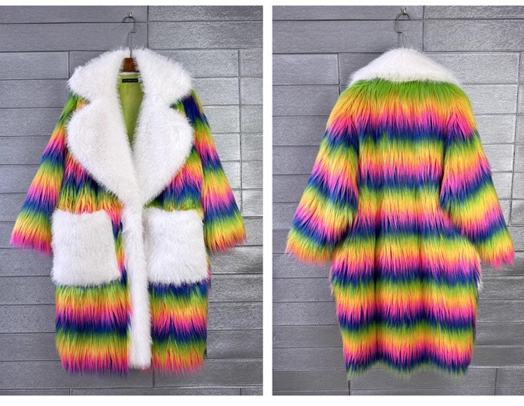 Furry faux fur rainbow trench coat with big collar, rave punk goth cozy plur top party clubwear unique designer kpop style trench duster