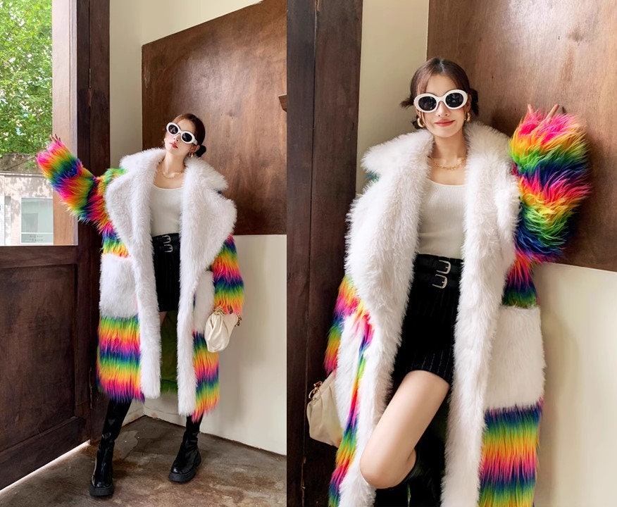 Furry faux fur rainbow trench coat with big collar, rave punk goth cozy plur top party clubwear unique designer kpop style trench duster