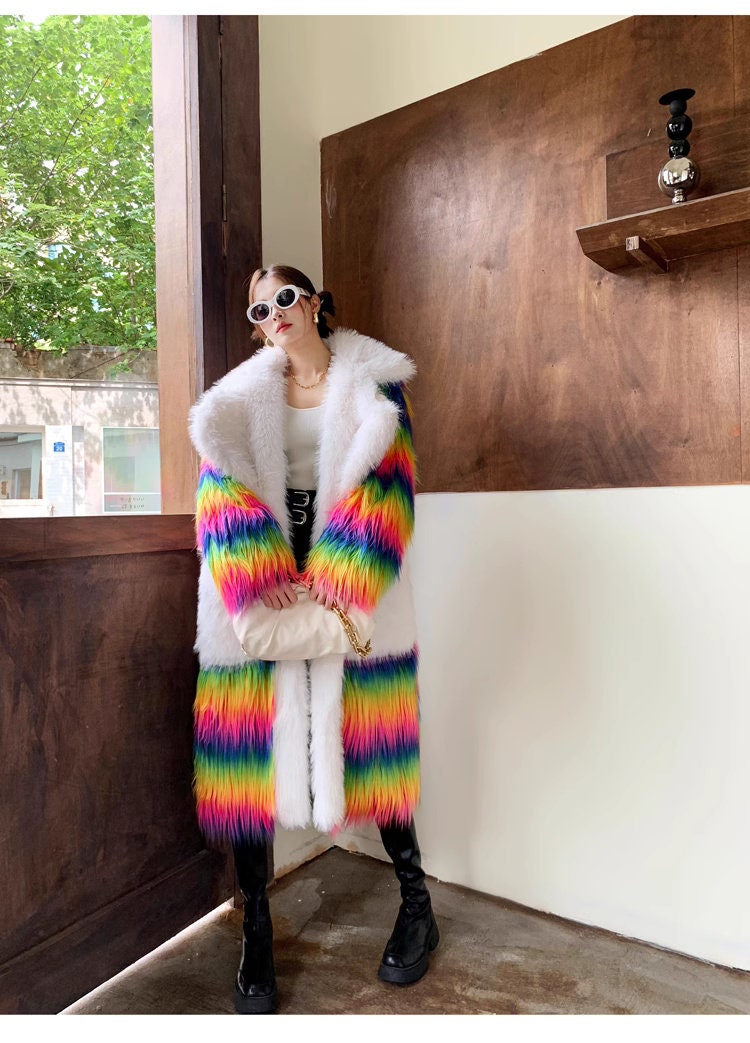 Furry faux fur rainbow trench coat with big collar, rave punk goth cozy plur top party clubwear unique designer kpop style trench duster