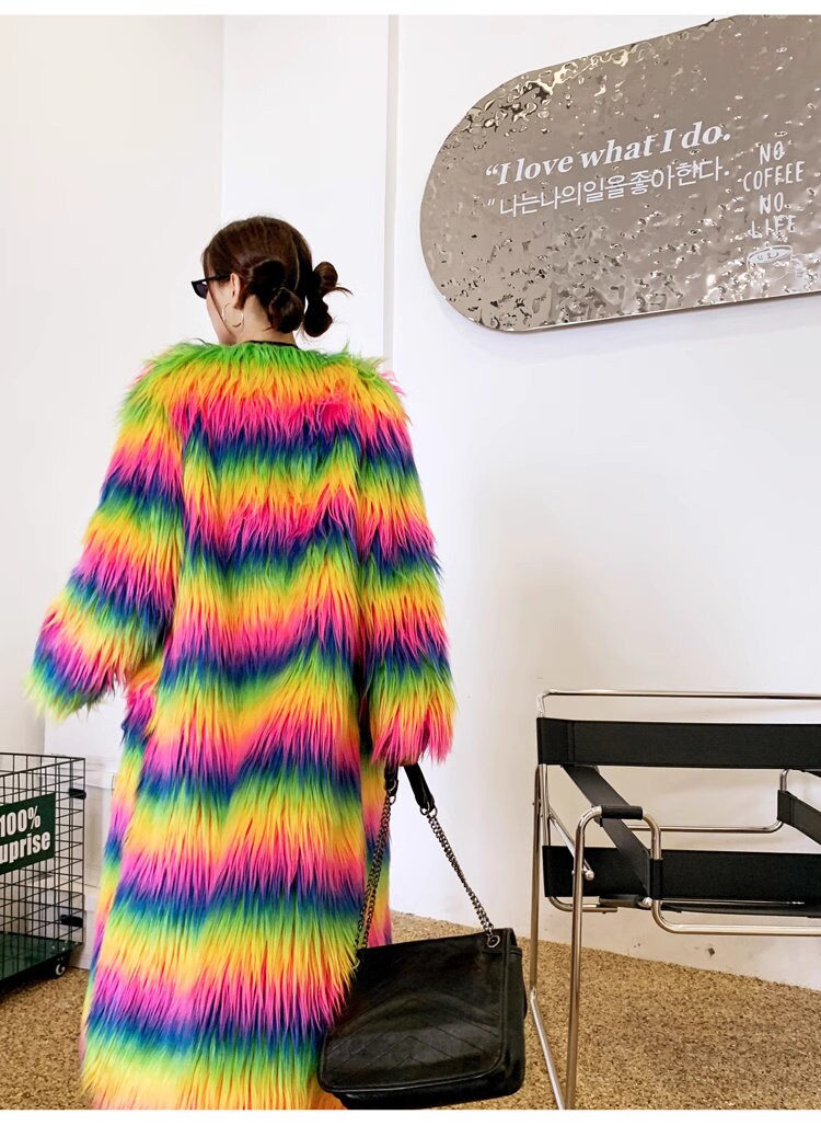 Furry faux fur rainbow trench coat, rave punk goth cozy plur top party clubwear unique designer outdoors kpop style trench duster