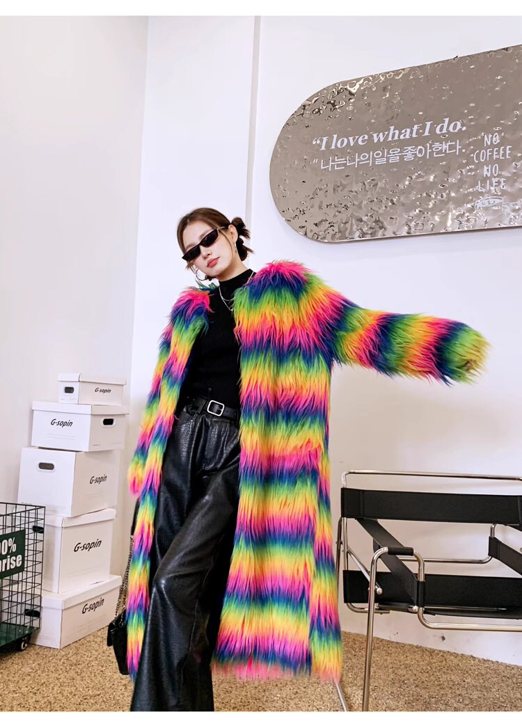 Furry faux fur rainbow trench coat, rave punk goth cozy plur top party clubwear unique designer outdoors kpop style trench duster