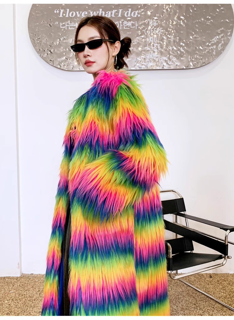 Furry faux fur rainbow trench coat, rave punk goth cozy plur top party clubwear unique designer outdoors kpop style trench duster