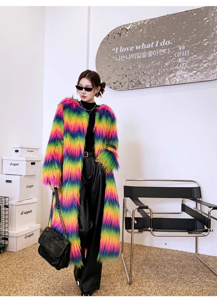 Furry faux fur rainbow trench coat, rave punk goth cozy plur top party clubwear unique designer outdoors kpop style trench duster