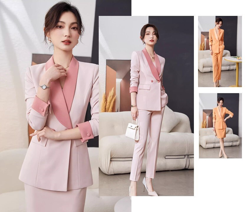 Pink/ Orange wide collar pantsuit/ dress suit/ designer woman formal suit set, office blazer pants/dress wedding tuxedo cocktail lady wear