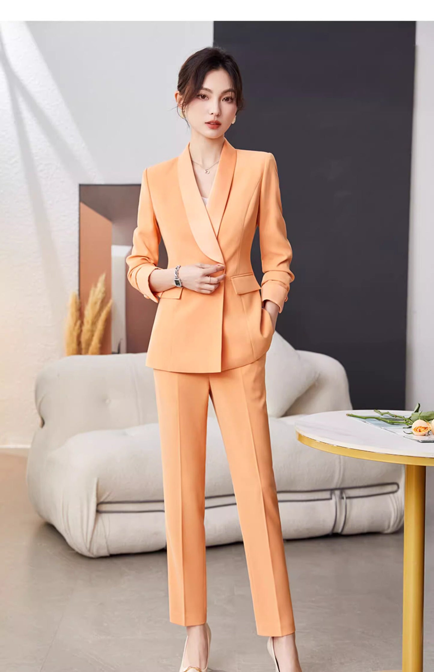 Pink/ Orange wide collar pantsuit/ dress suit/ designer woman formal suit set, office blazer pants/dress wedding tuxedo cocktail lady wear