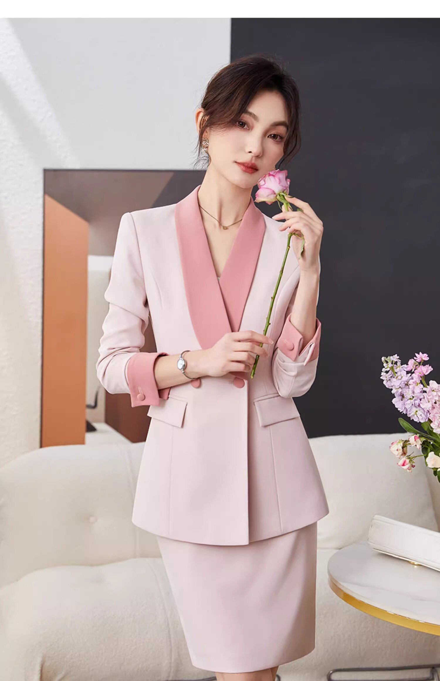 Pink/ Orange wide collar pantsuit/ dress suit/ designer woman formal suit set, office blazer pants/dress wedding tuxedo cocktail lady wear