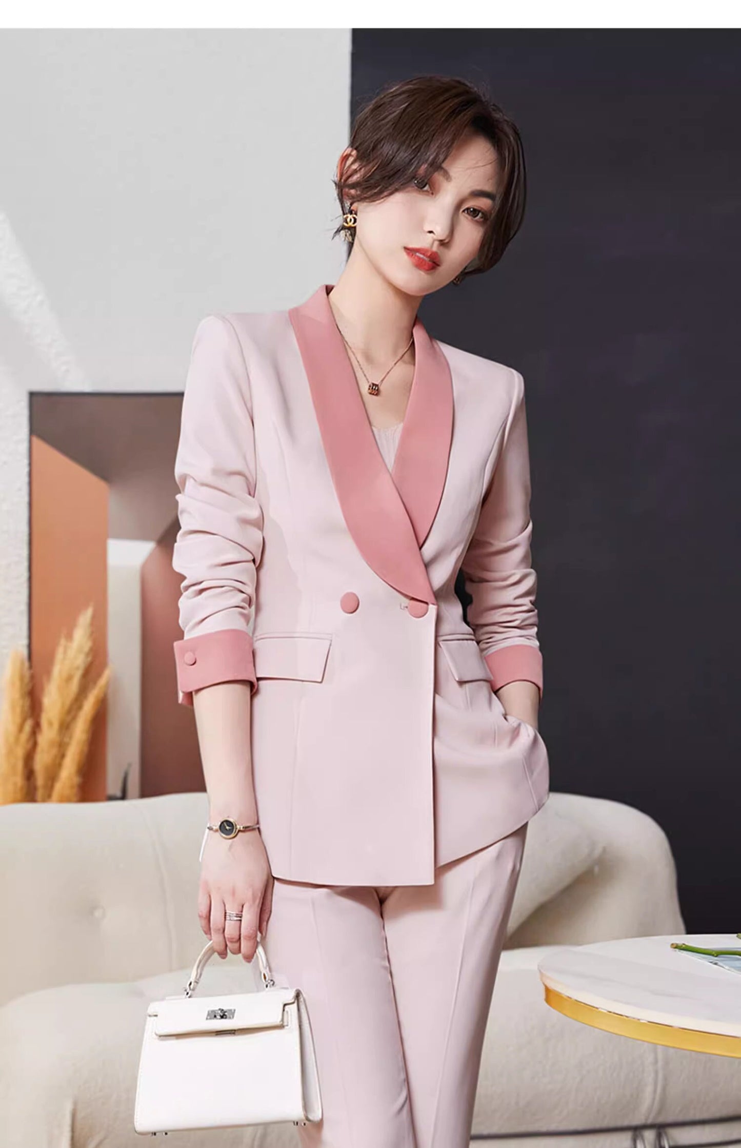 Pink/ Orange wide collar pantsuit/ dress suit/ designer woman formal suit set, office blazer pants/dress wedding tuxedo cocktail lady wear