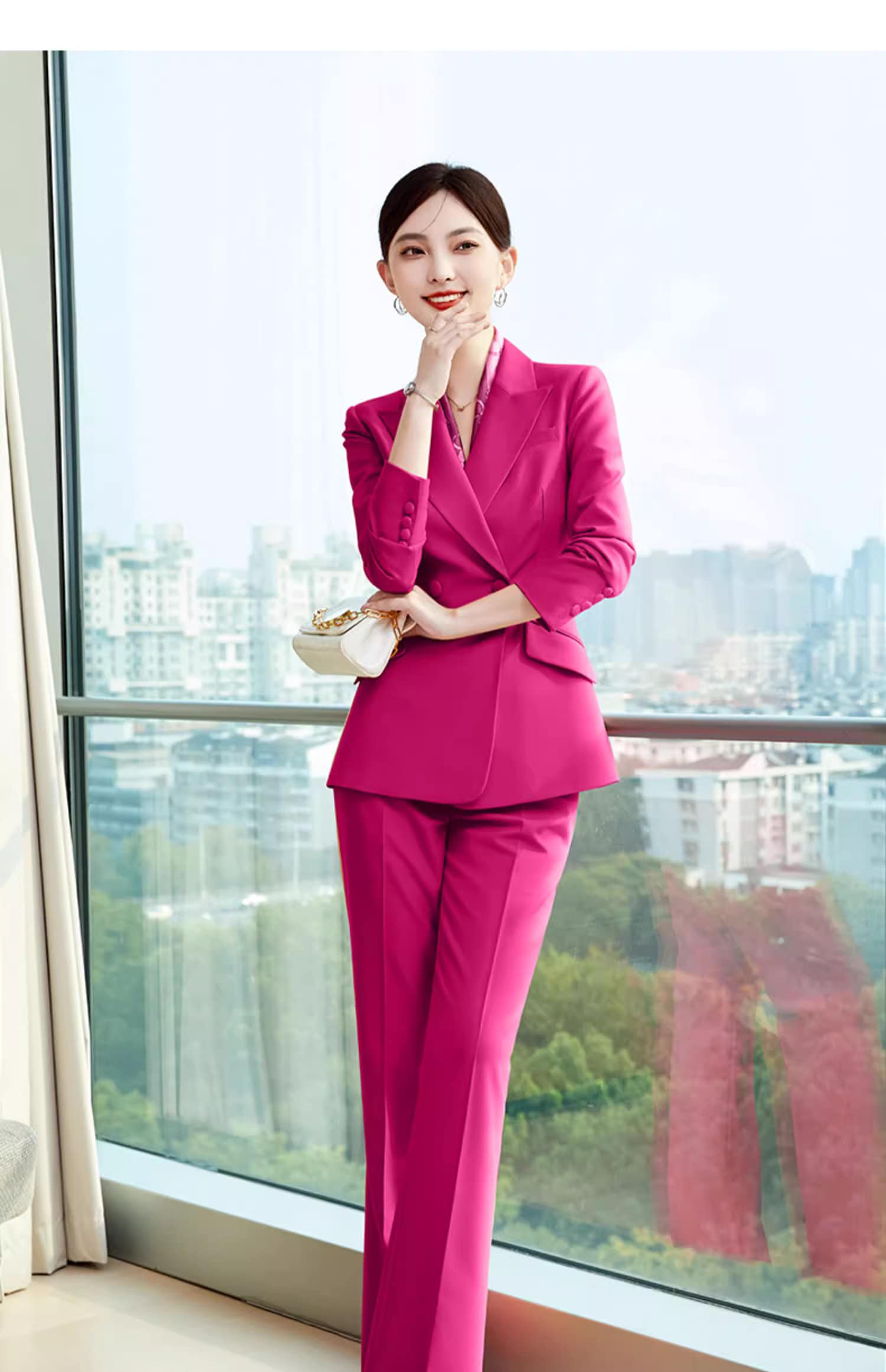 Pink/Orange/Black pantsuit, designer woman formal suit set, Office blazer + wide legs pants formal wedding tuxedo cocktail lady wear