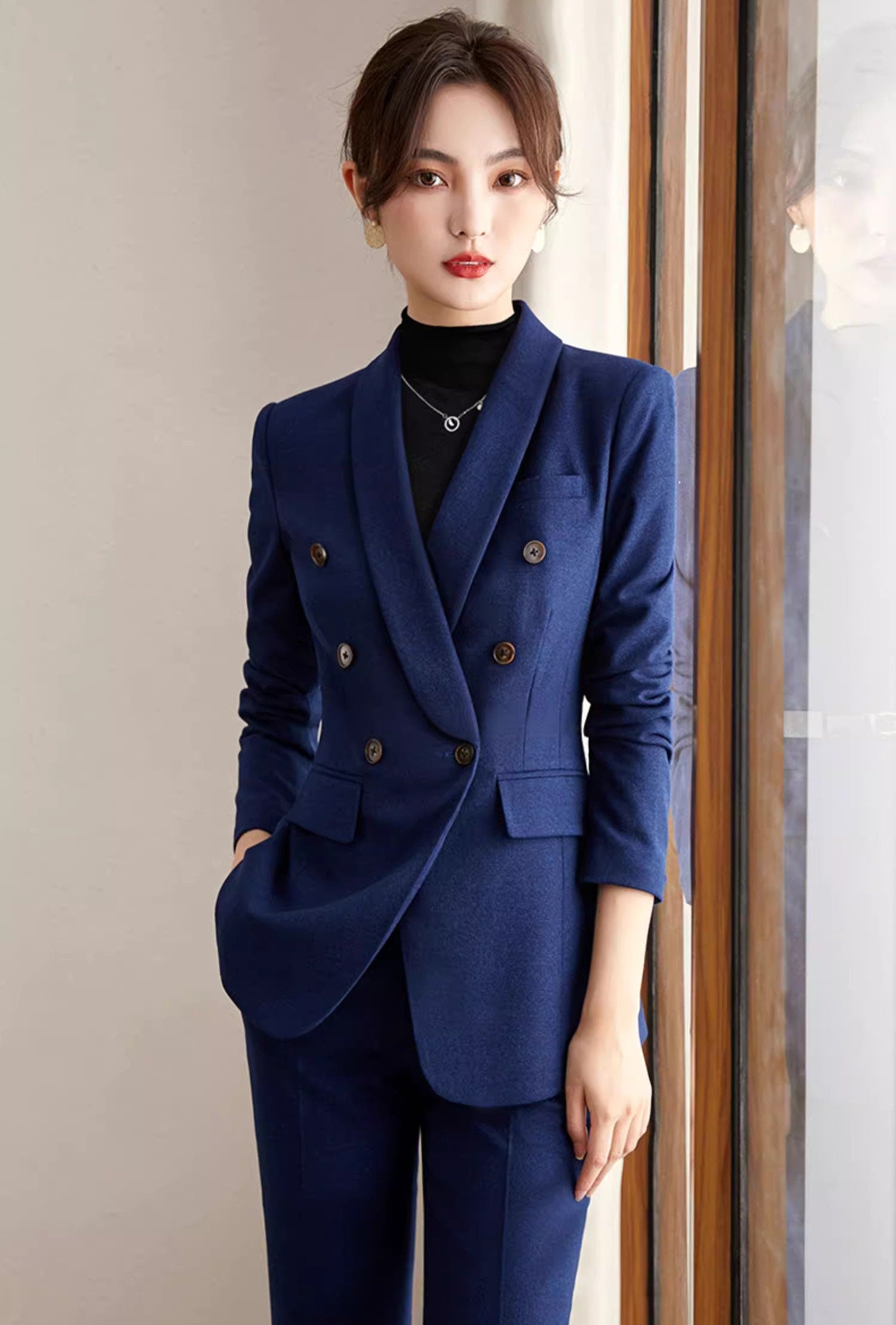 Brown/ Dark blue winter pantsuit, designer woman formal suit set, Office blazer + slim cut pants formal wedding tuxedo cocktail lady wear