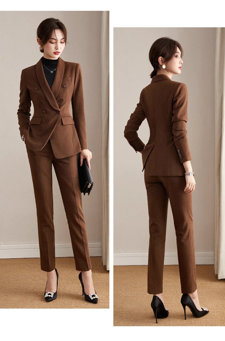 Brown/ Dark blue winter pantsuit, designer woman formal suit set, Office blazer + slim cut pants formal wedding tuxedo cocktail lady wear