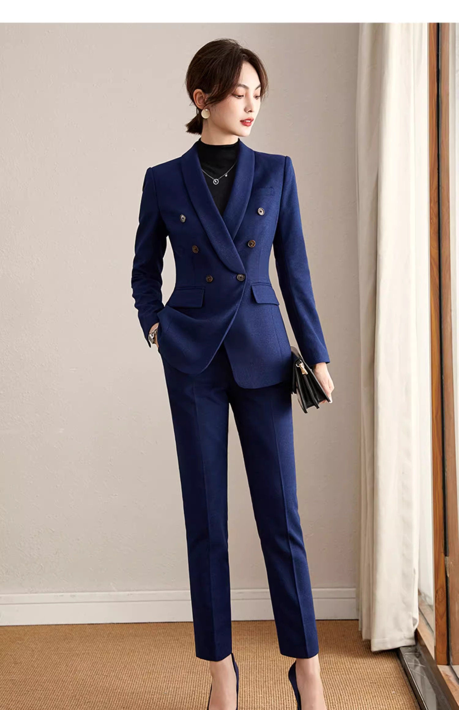 Brown/ Dark blue winter pantsuit, designer woman formal suit set, Office blazer + slim cut pants formal wedding tuxedo cocktail lady wear