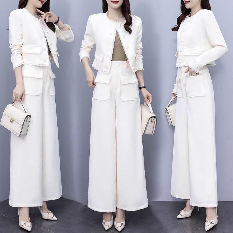 Women milky white Suit Set Jacket And wide legs Pants Formal Suit Prom Suits For Women Wedding Party Event Gift KOL IG