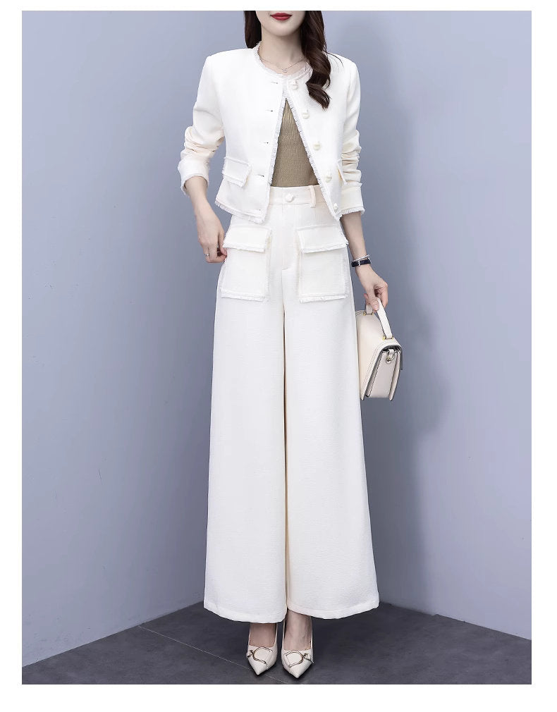 Women milky white Suit Set Jacket And wide legs Pants Formal Suit Prom Suits For Women Wedding Party Event Gift KOL IG