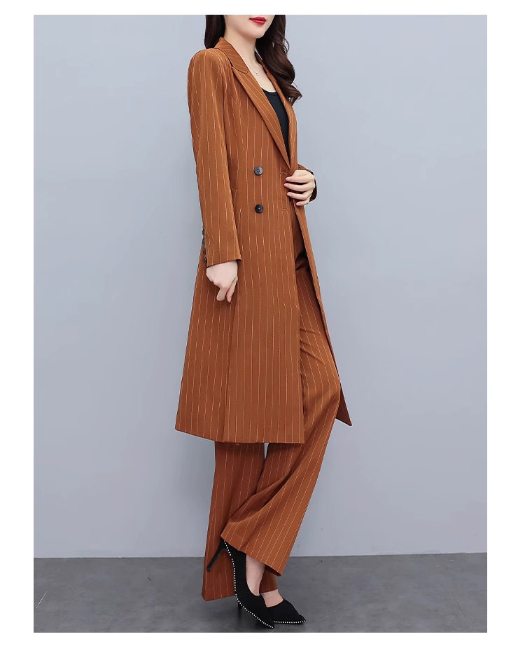 High-end brown color striped lady pantsuit, designer women spring autumn long blazer + pants suit set thin layer wedding prom office