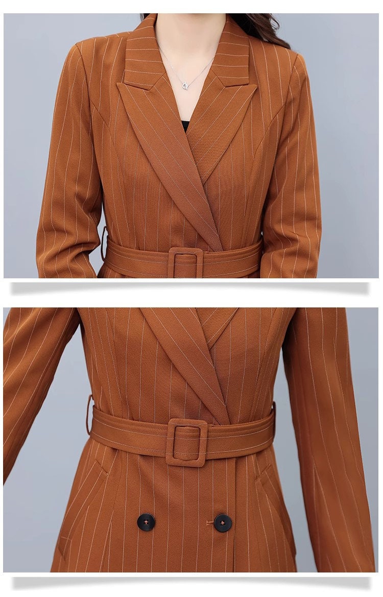 High-end brown color striped lady pantsuit, designer women spring autumn long blazer + pants suit set thin layer wedding prom office