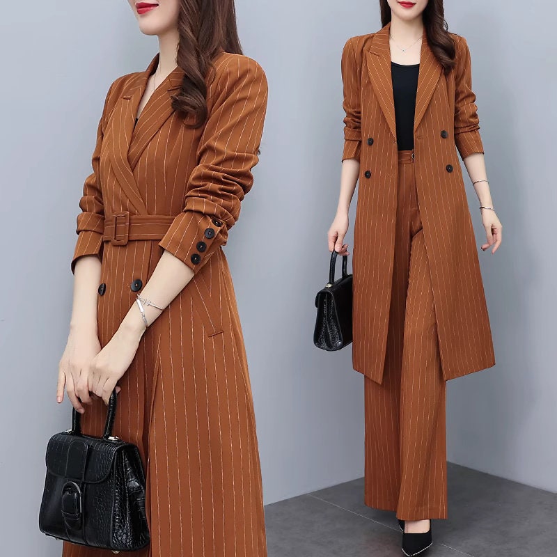 High-end brown color striped lady pantsuit, designer women spring autumn long blazer + pants suit set thin layer wedding prom office