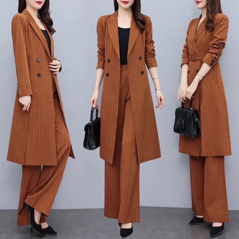 High-end brown color striped lady pantsuit, designer women spring autumn long blazer + pants suit set thin layer wedding prom office