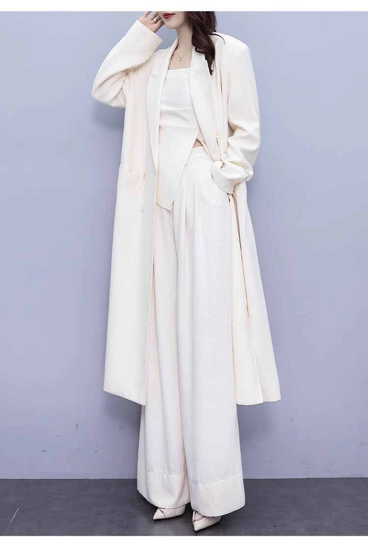 High-end milky white color lady pantsuit, designer women spring autumn long blazer + pants suit set wedding prom office