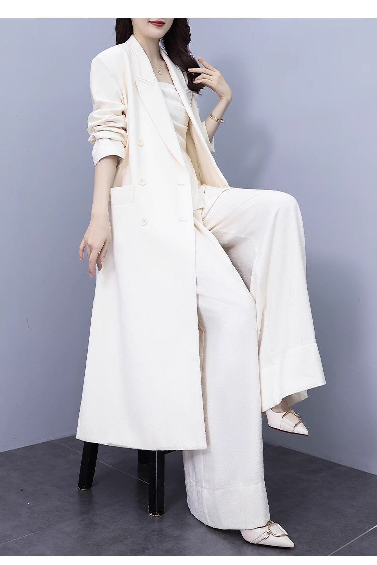 High-end milky white color lady pantsuit, designer women spring autumn long blazer + pants suit set wedding prom office