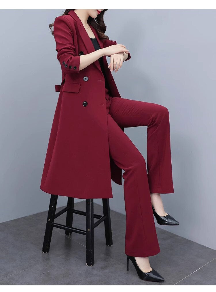 High-end wine red color lady pantsuit designer women spring autumn long blazer + pants suit set thin layer slim cut wedding prom office suit