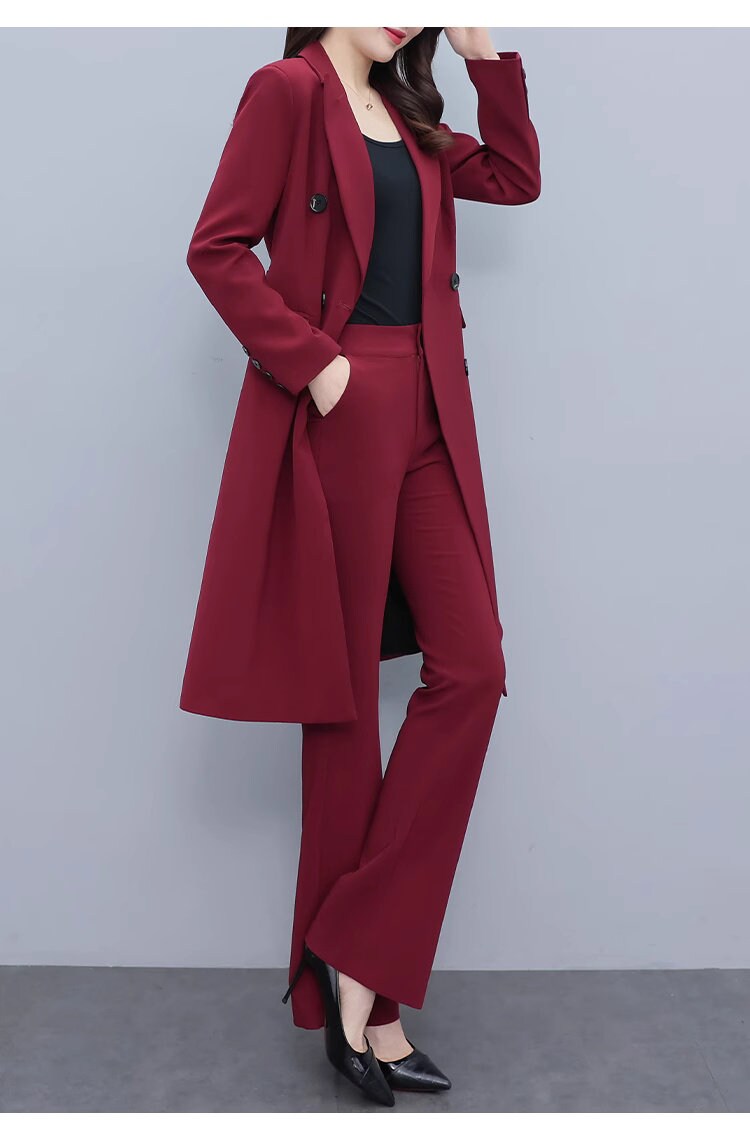 High-end wine red color lady pantsuit designer women spring autumn long blazer + pants suit set thin layer slim cut wedding prom office suit