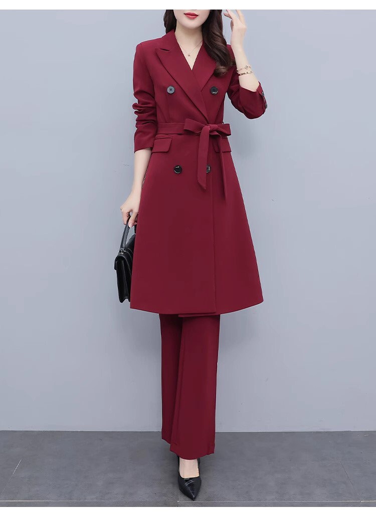 High-end wine red color lady pantsuit designer women spring autumn long blazer + pants suit set thin layer slim cut wedding prom office suit