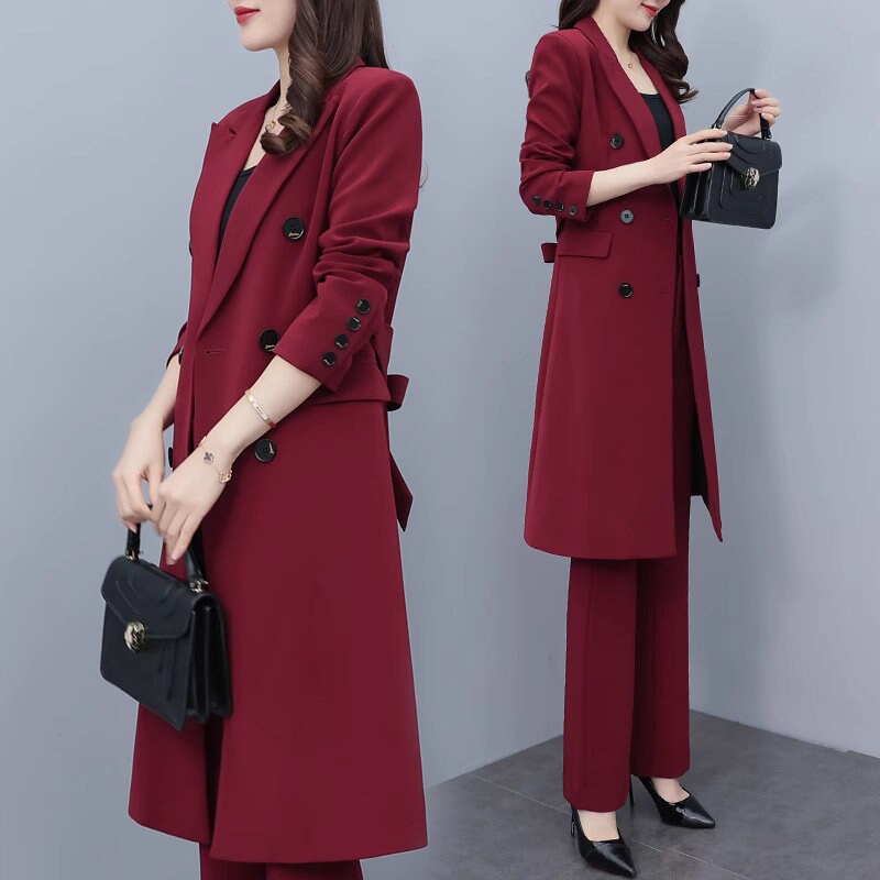 High-end wine red color lady pantsuit designer women spring autumn long blazer + pants suit set thin layer slim cut wedding prom office suit