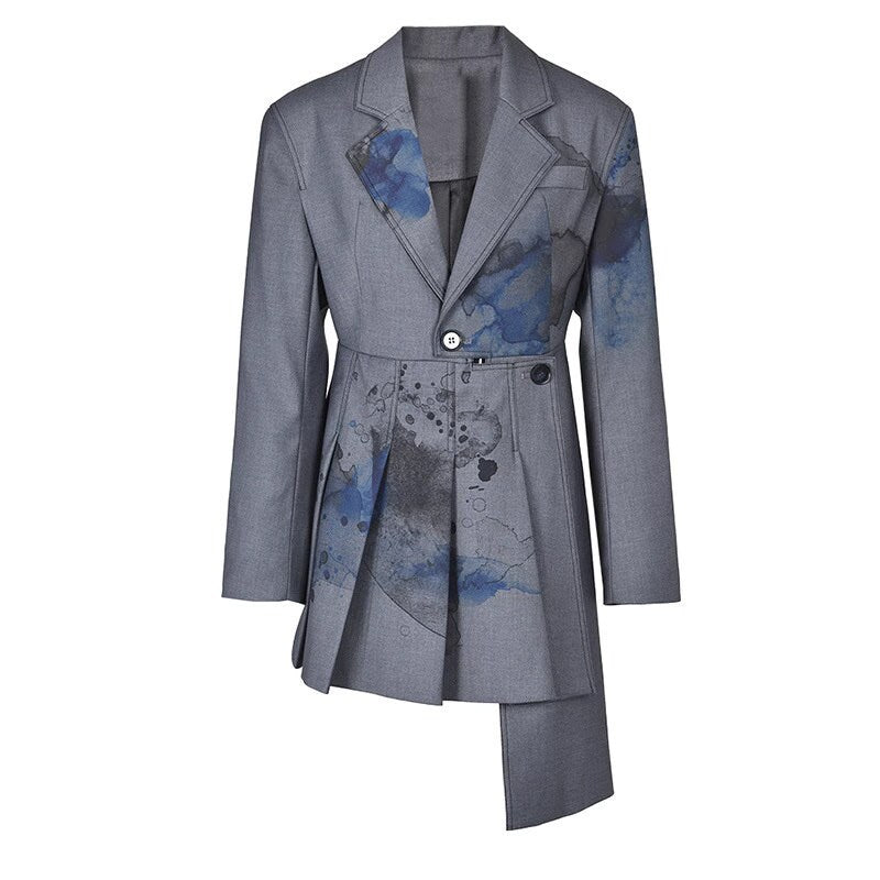 Tie Dyed Gray long blazer, designer woman suit jacket pattern short dress suit smart casual wear formal jacket office event wear