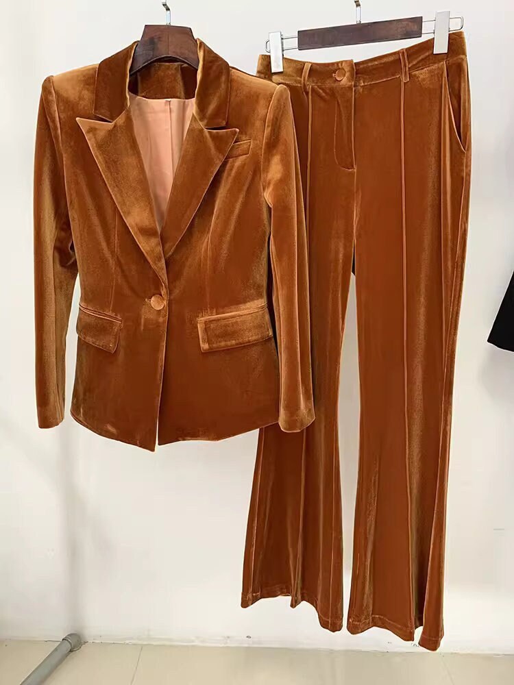 Women Velvet Brown/ Purple Blazer + Mid-High Rise Flare Trousers Pants Suit, Wedding Suit, Graduation, Speech Day, Birthday Party