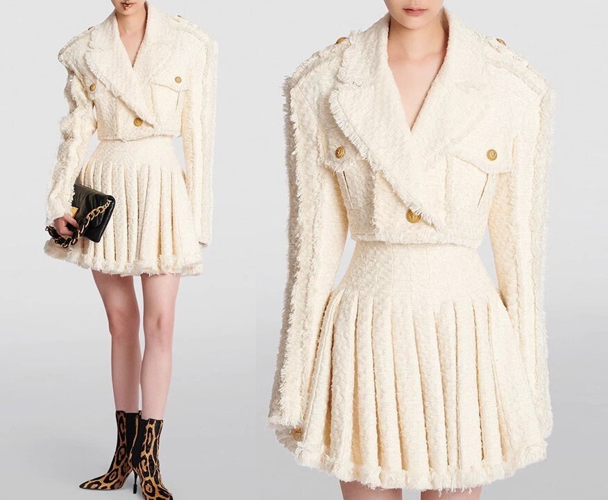 Women Golden Buttons Cream / Black Tweed Tassel Crop Jacket + Pleated Skirt Suit, Wedding Suit, Autumn Winter Suit, Christmas Party