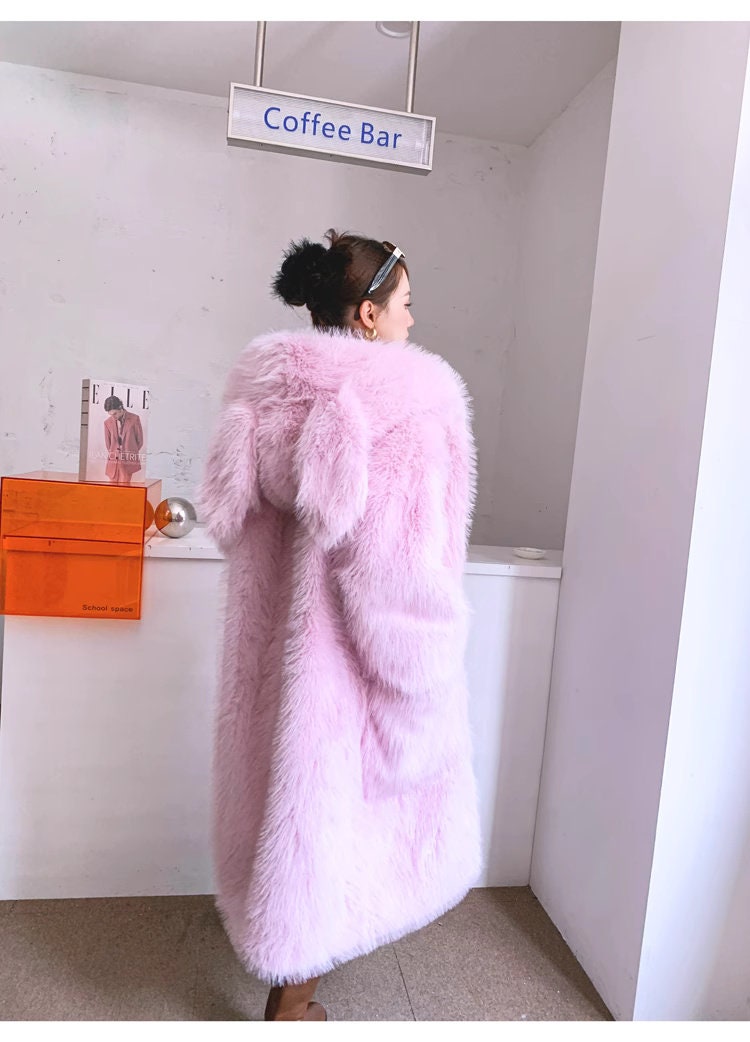 Furry faux fur pink/green coat with rabbit ear hood, rave punk goth cozy top party clubwear unique designer outdoors kpop style trench coat