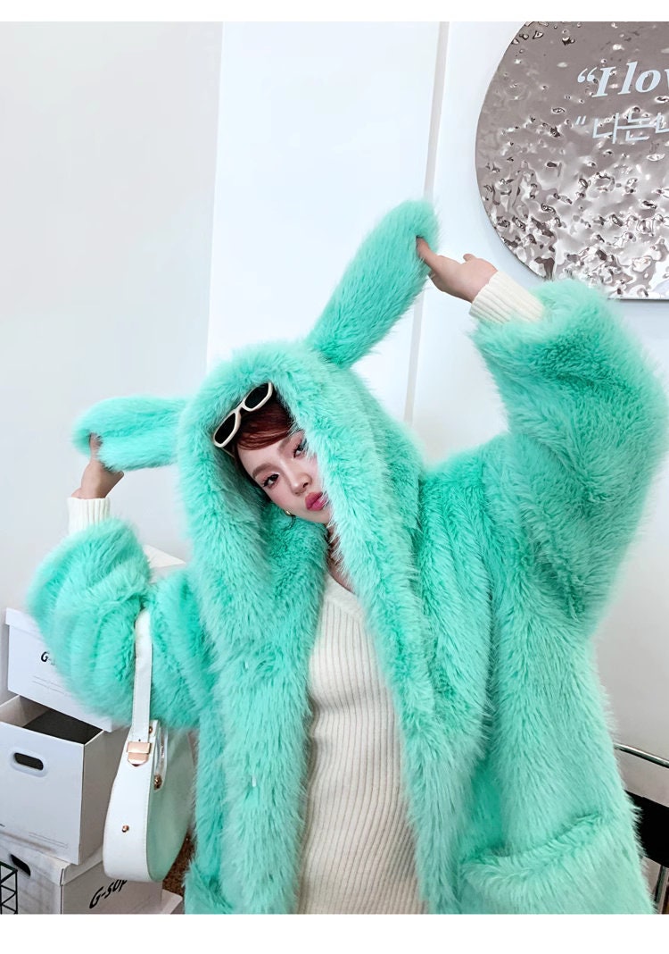 Furry faux fur pink/green coat with rabbit ear hood, rave punk goth cozy top party clubwear unique designer outdoors kpop style trench coat