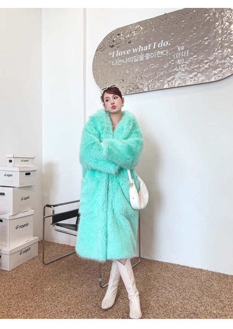 Furry faux fur pink/green coat with rabbit ear hood, rave punk goth cozy top party clubwear unique designer outdoors kpop style trench coat