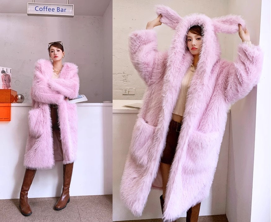 Furry faux fur pink/green coat with rabbit ear hood, rave punk goth cozy top party clubwear unique designer outdoors kpop style trench coat