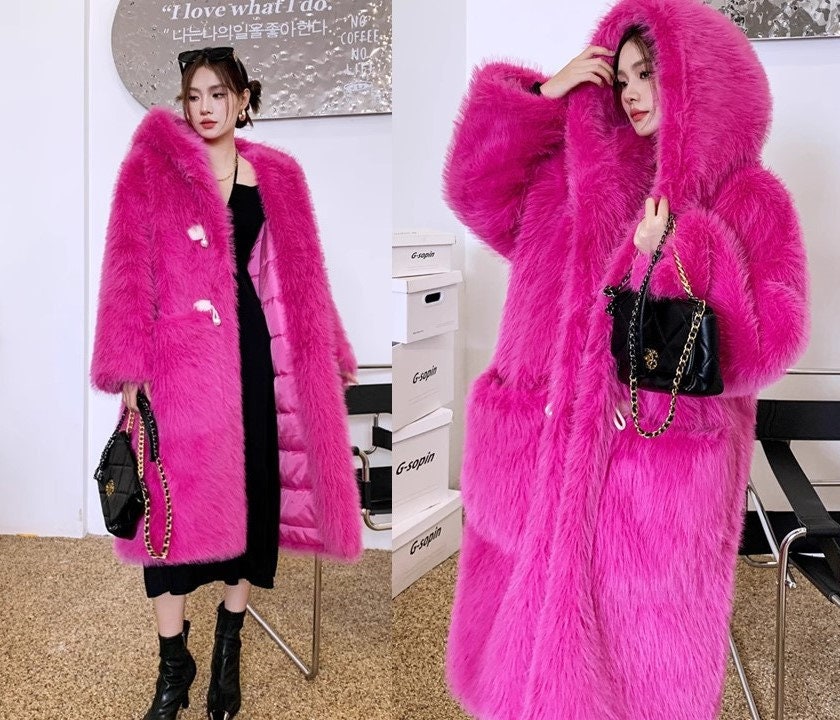 Furry faux fur purple coat with hood, rave punk goth cozy plur top party clubwear unique designer outdoors kpop style trench coat