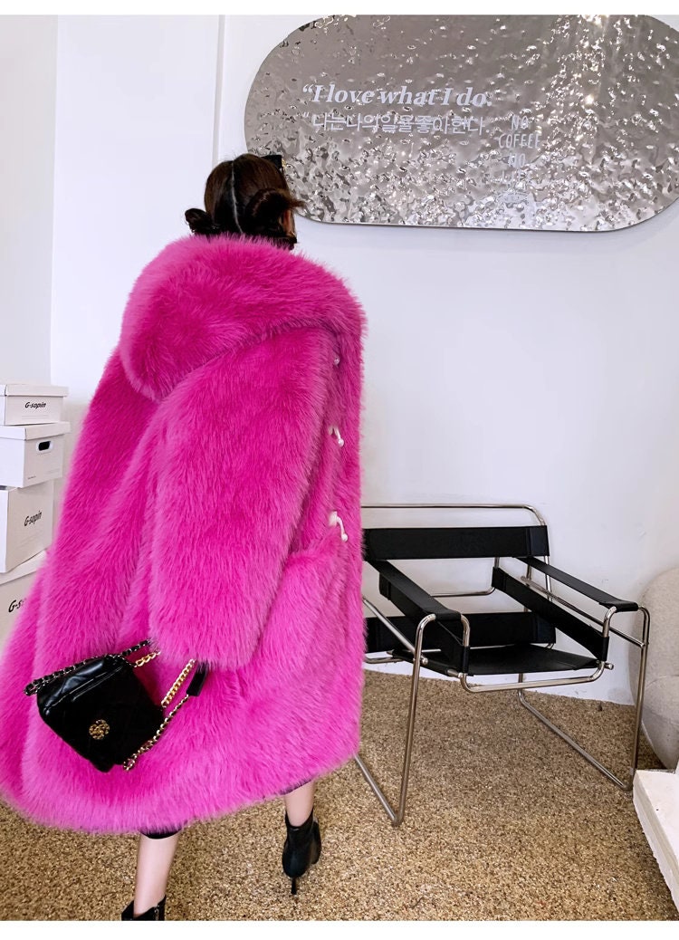 Furry faux fur purple coat with hood, rave punk goth cozy plur top party clubwear unique designer outdoors kpop style trench coat