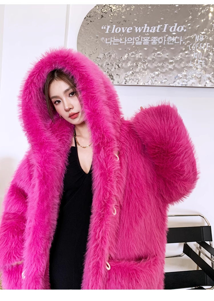 Furry faux fur purple coat with hood, rave punk goth cozy plur top party clubwear unique designer outdoors kpop style trench coat