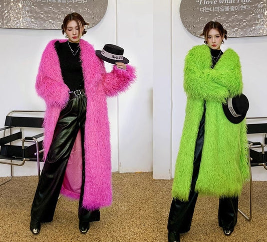 Furry faux fur pink/ green trench coat, rave punk goth cozy plur top party clubwear unique designer outdoors kpop style duster