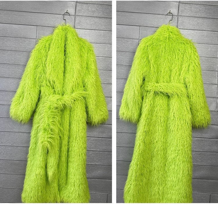 Furry faux fur pink/ green trench coat, rave punk goth cozy plur top party clubwear unique designer outdoors kpop style duster