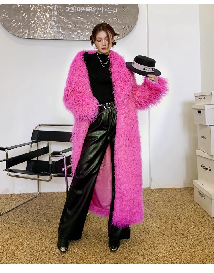 Furry faux fur pink/ green trench coat, rave punk goth cozy plur top party clubwear unique designer outdoors kpop style duster