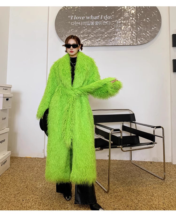 Furry faux fur pink/ green trench coat, rave punk goth cozy plur top party clubwear unique designer outdoors kpop style duster