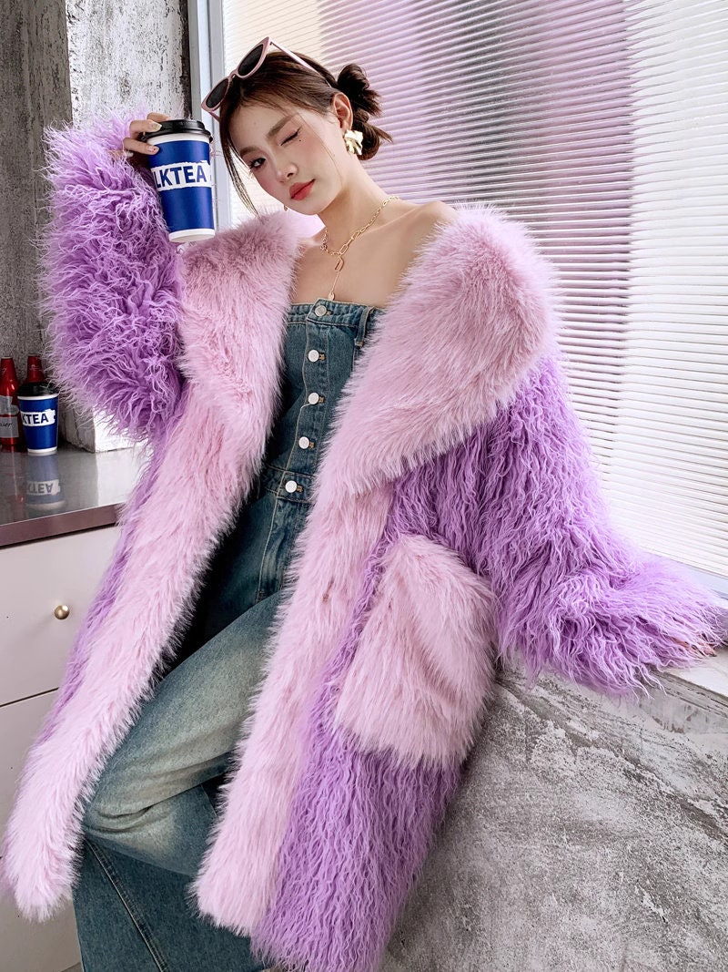 Furry faux fur purple coat with big collar color, rave punk goth cozy plur top party clubwear unique designer kpop style trench coat