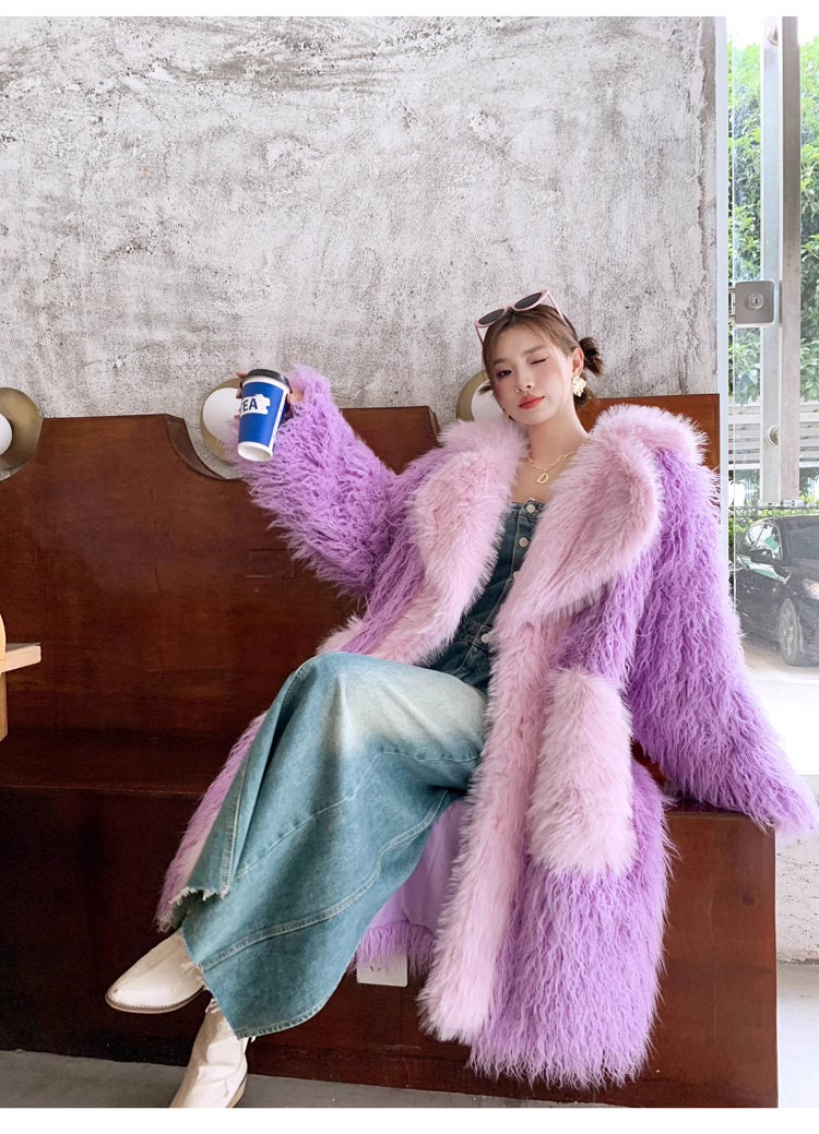 Furry faux fur purple coat with big collar color, rave punk goth cozy plur top party clubwear unique designer kpop style trench coat