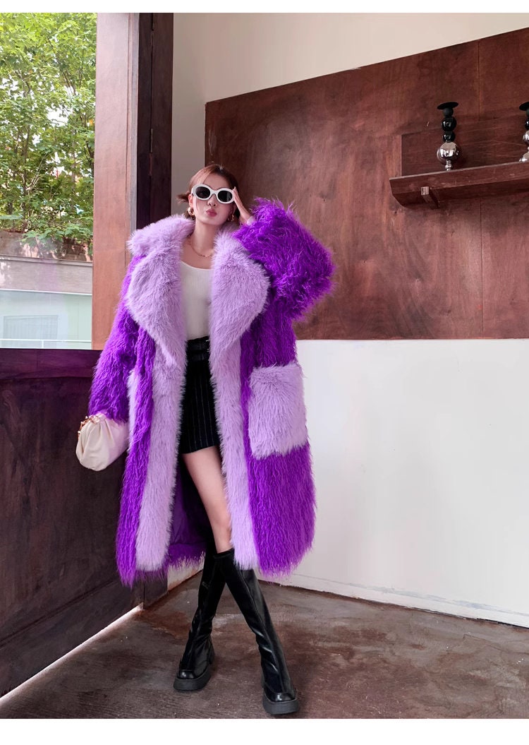 Furry faux fur purple coat with big collar color, rave punk goth cozy plur top party clubwear unique designer kpop style trench coat